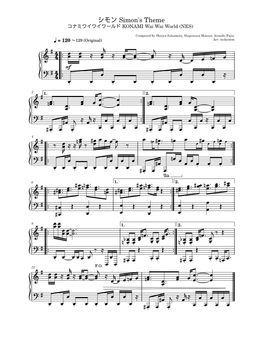 シモン Simon's Theme - コナミワイワイワールド KONAMI Wai Wai World (NES) Sheet music for Piano (Solo ...