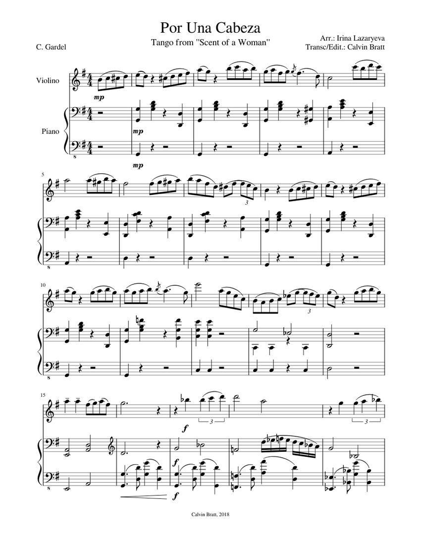 Por Una Cabeza Sheet music for Piano, Violin (Solo)