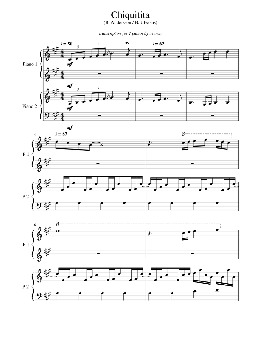 ABBA - Chiquitita (for 2 pianos) Sheet music for Piano (Piano Duo) |  Musescore.com
