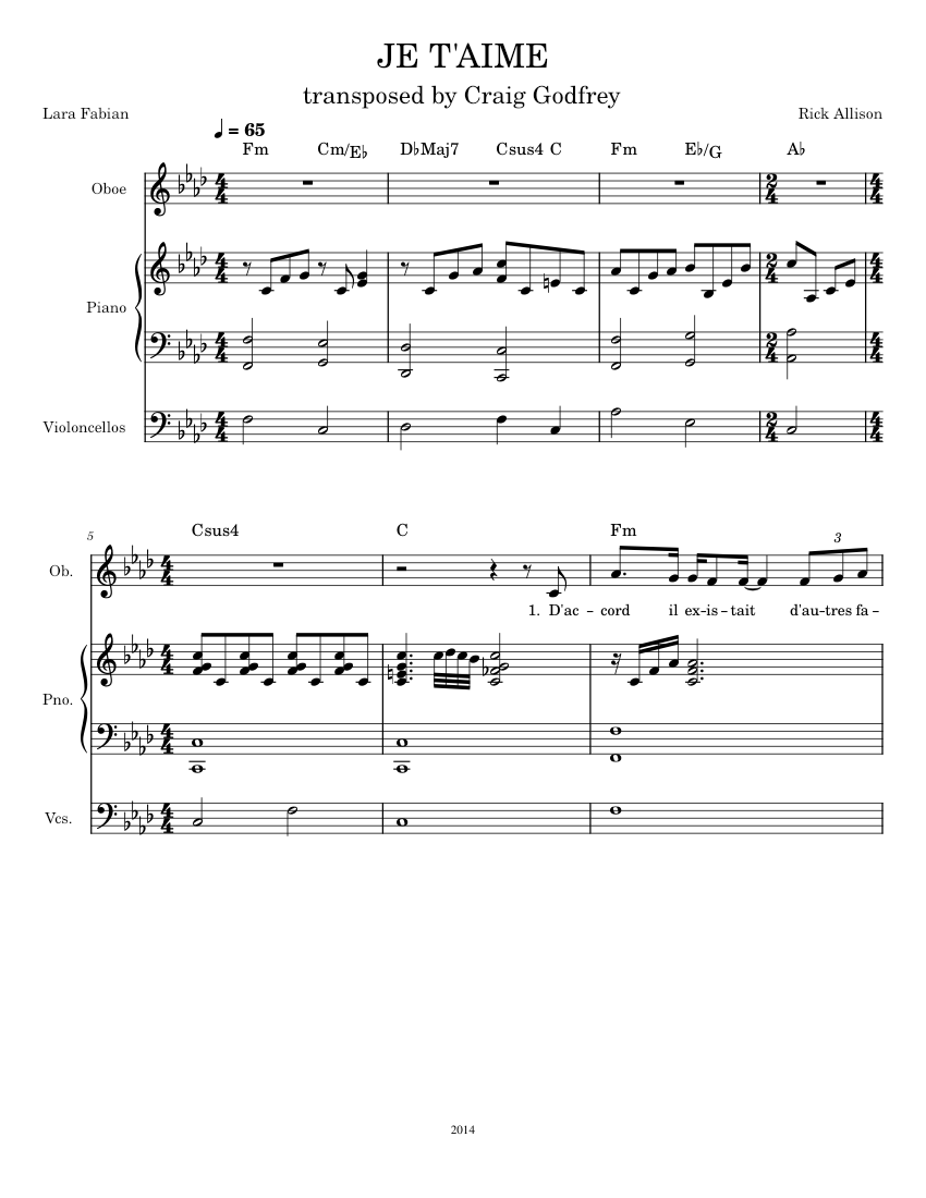 JE T'AIME Sheet music for Piano, Oboe, Strings group (Mixed Trio) |  Musescore.com