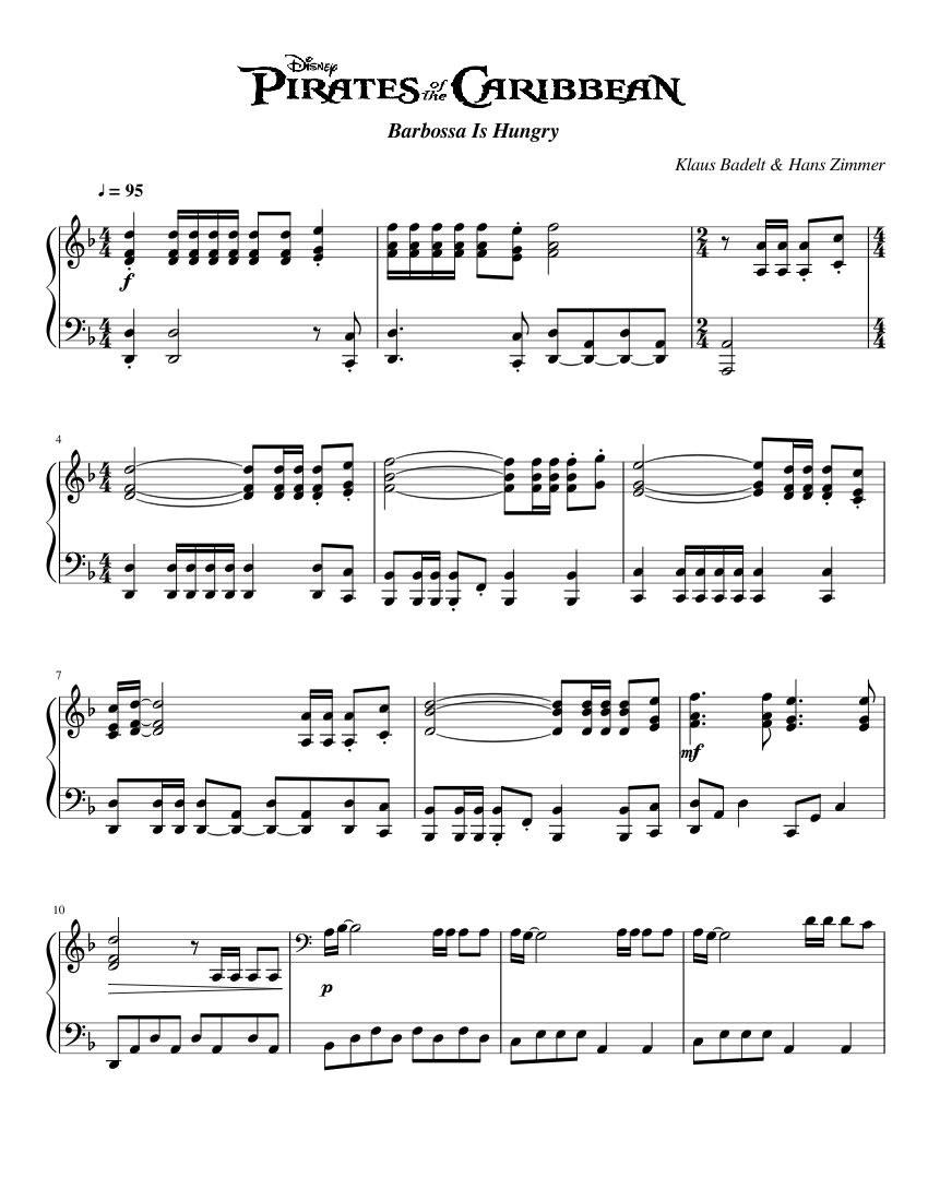 Pirates of the Caribbean The Curse of the Black Pearl - Barbossa Is Hungry  | Piano Solo Sheet music for Piano (Solo) | Musescore.com