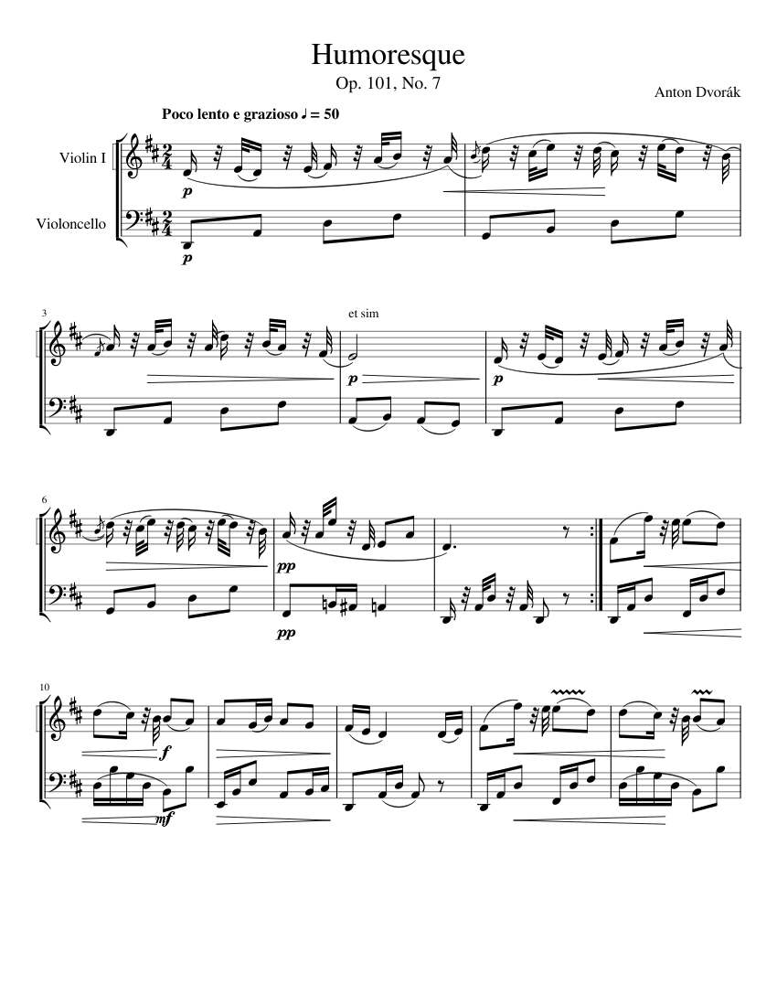 Humoresque Sheet music for Violin, Cello (String Duet) | Musescore.com