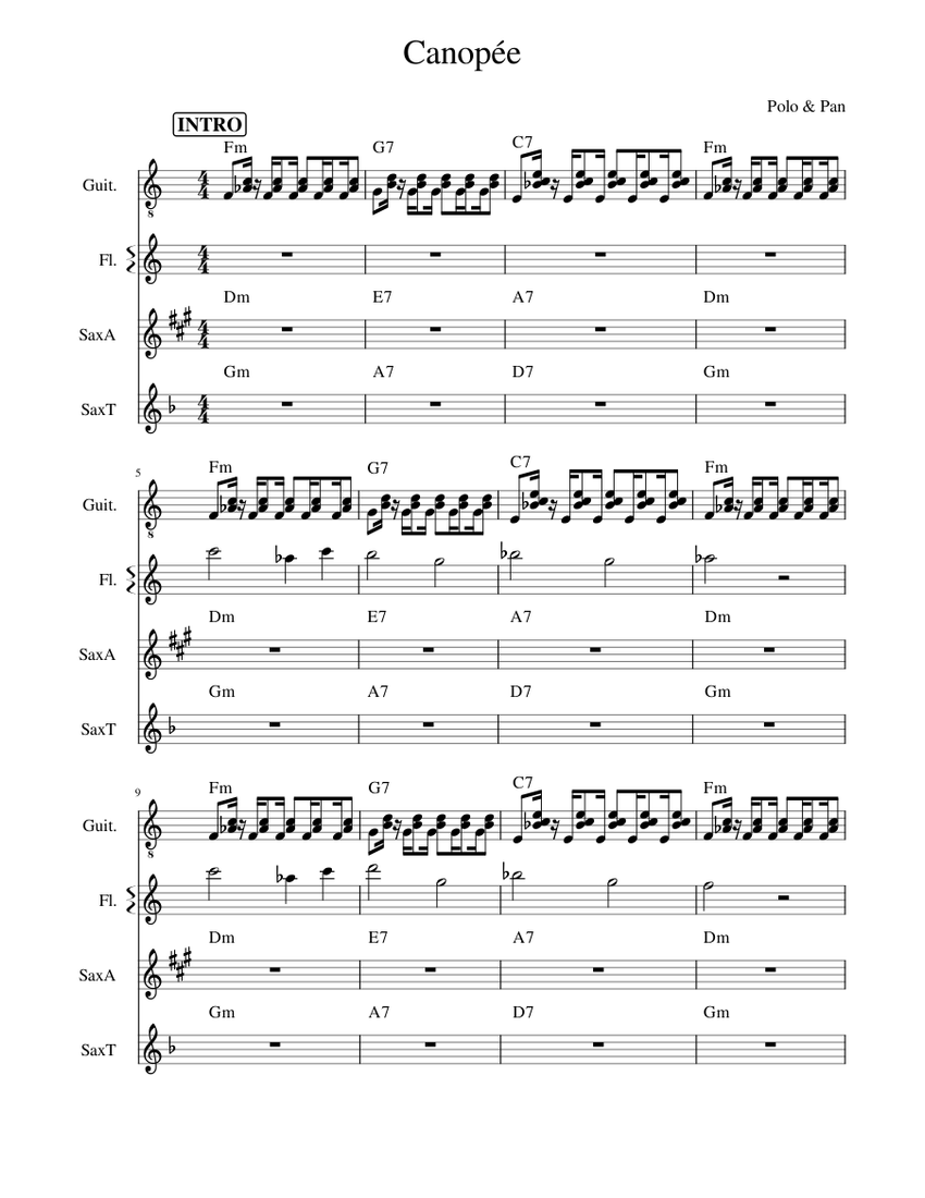 large display Do Canopée Sheet music for Flute, Saxophone alto, Saxophone tenor, Guitar  (Mixed Quartet) | Musescore.com