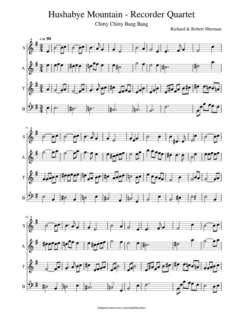 Hushabye Mountain - Recorder Quartet Sheet music for Recorder, Recorder ...