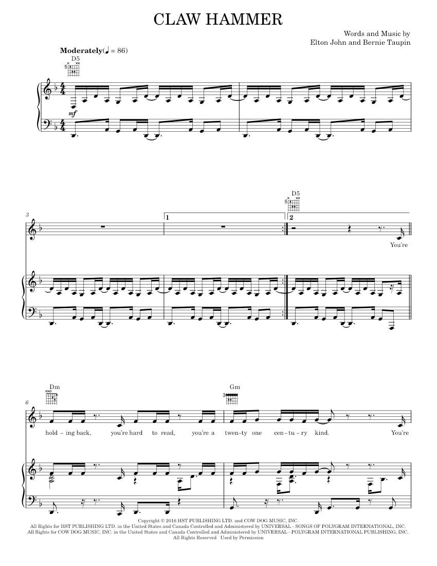 Play Official version of Claw hammer Sheet Music by Elton John for ...