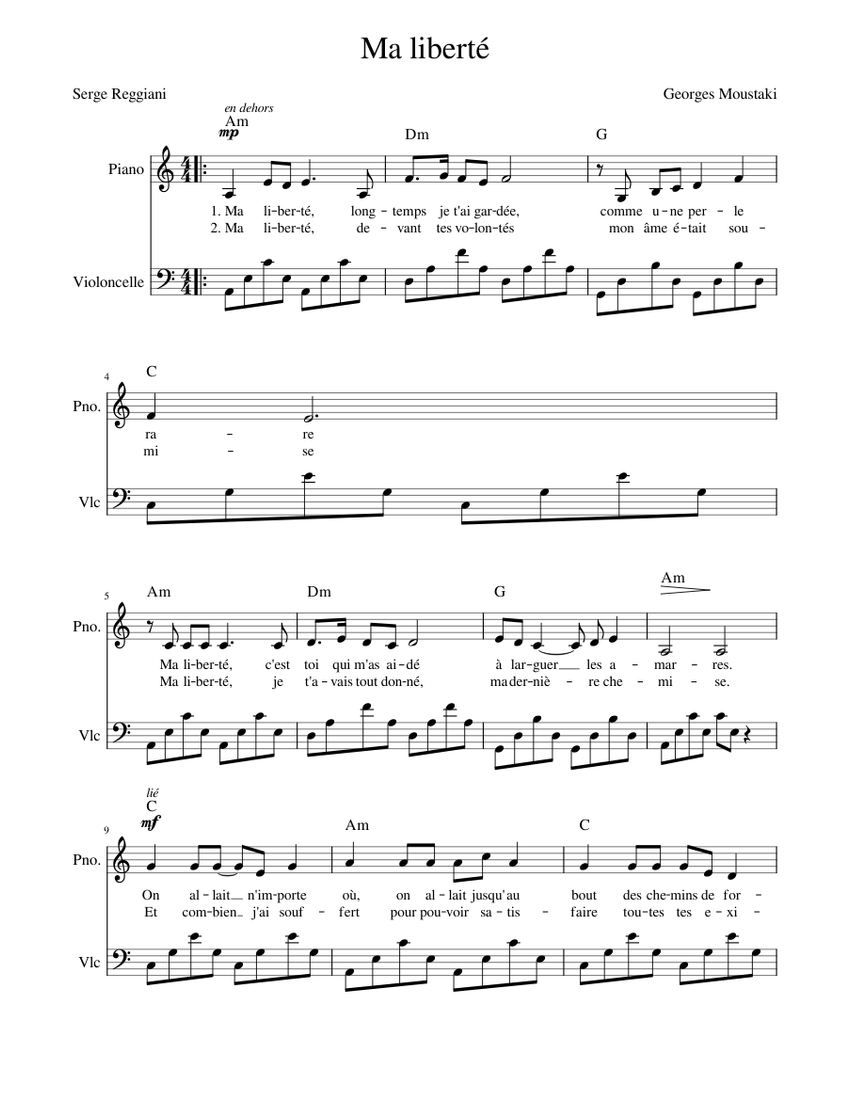 Ma liberte Moustaki Ma liberté Sheet music for Piano, Cello