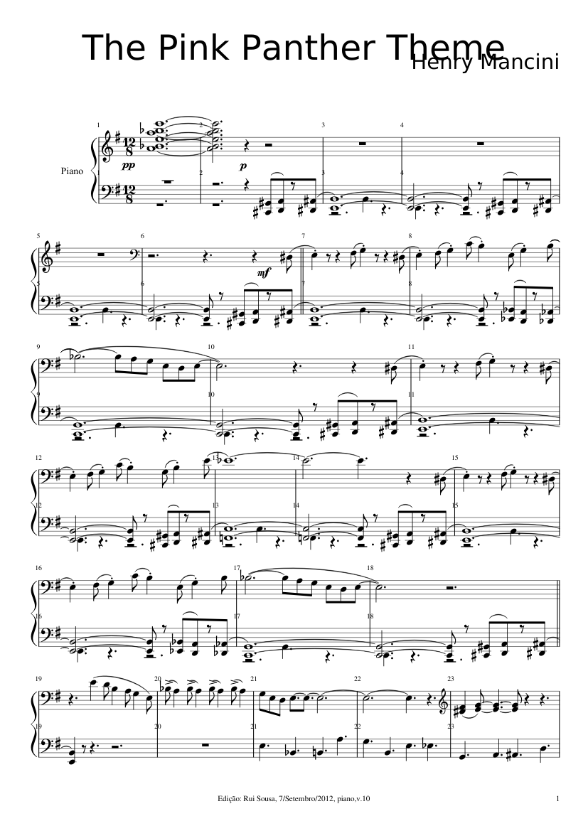The Pink Panther Theme - Henry Mancini - Complete song, piano Sheet music  for Piano (Solo) | Musescore.com