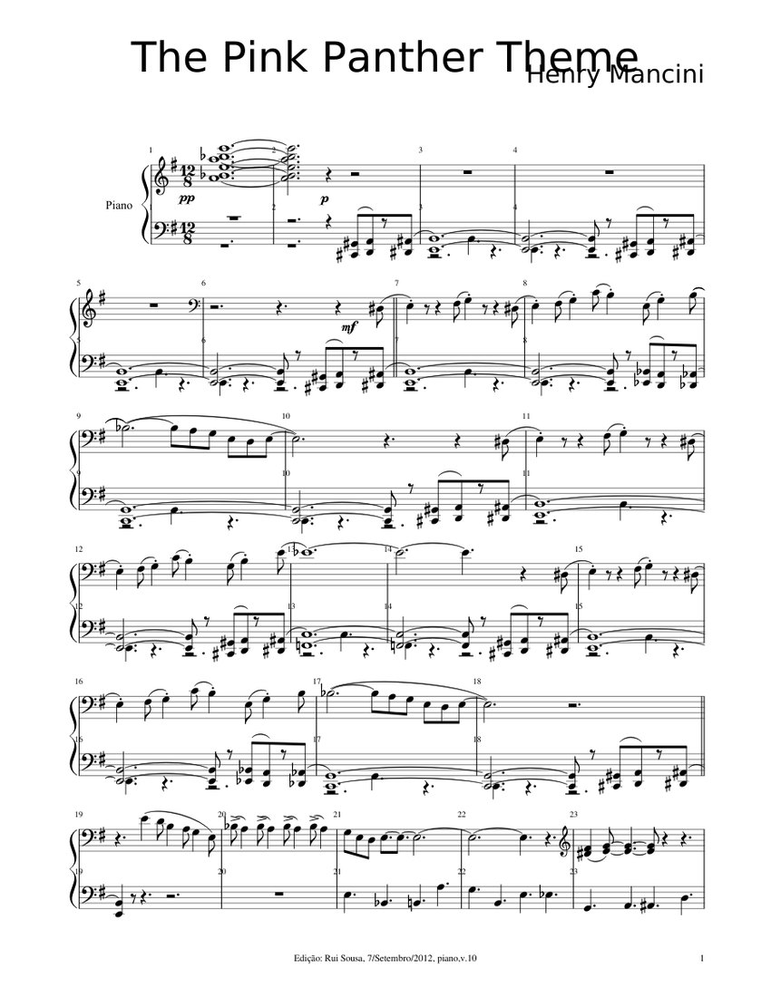 The Pink Panther Theme - Henry Mancini - Complete song, piano Sheet music  for Piano (Solo) | Musescore.com