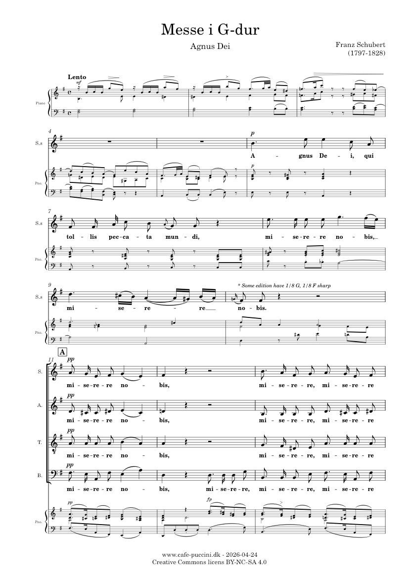 Gのミサ曲、6. アニュス・デイ - シューベルト 楽譜 ピアノ, ソプラノ