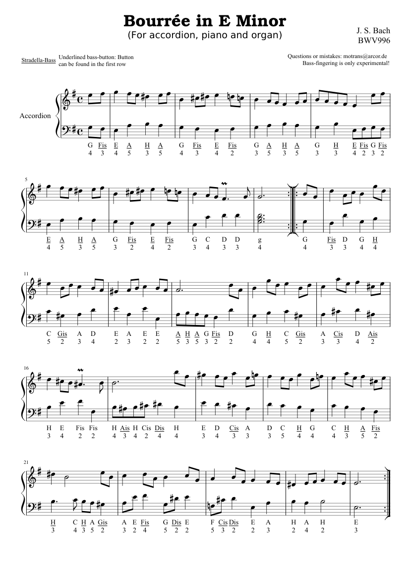 Free Piano Sheet Music – Bourree In E Minor – Bach – Michael Kravchuk