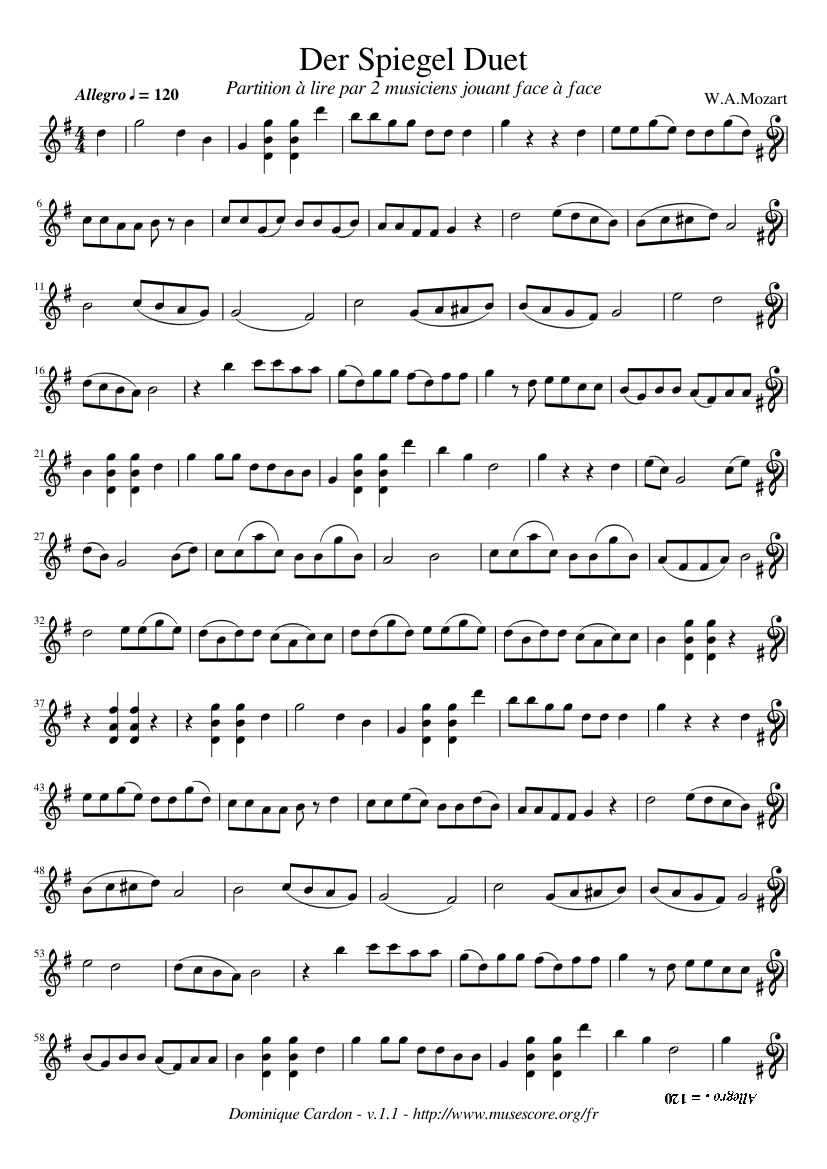 Der Spiegel - The mirror - attribué à W.A.Mozart Sheet music for Flute,  Violin (Mixed Duet)