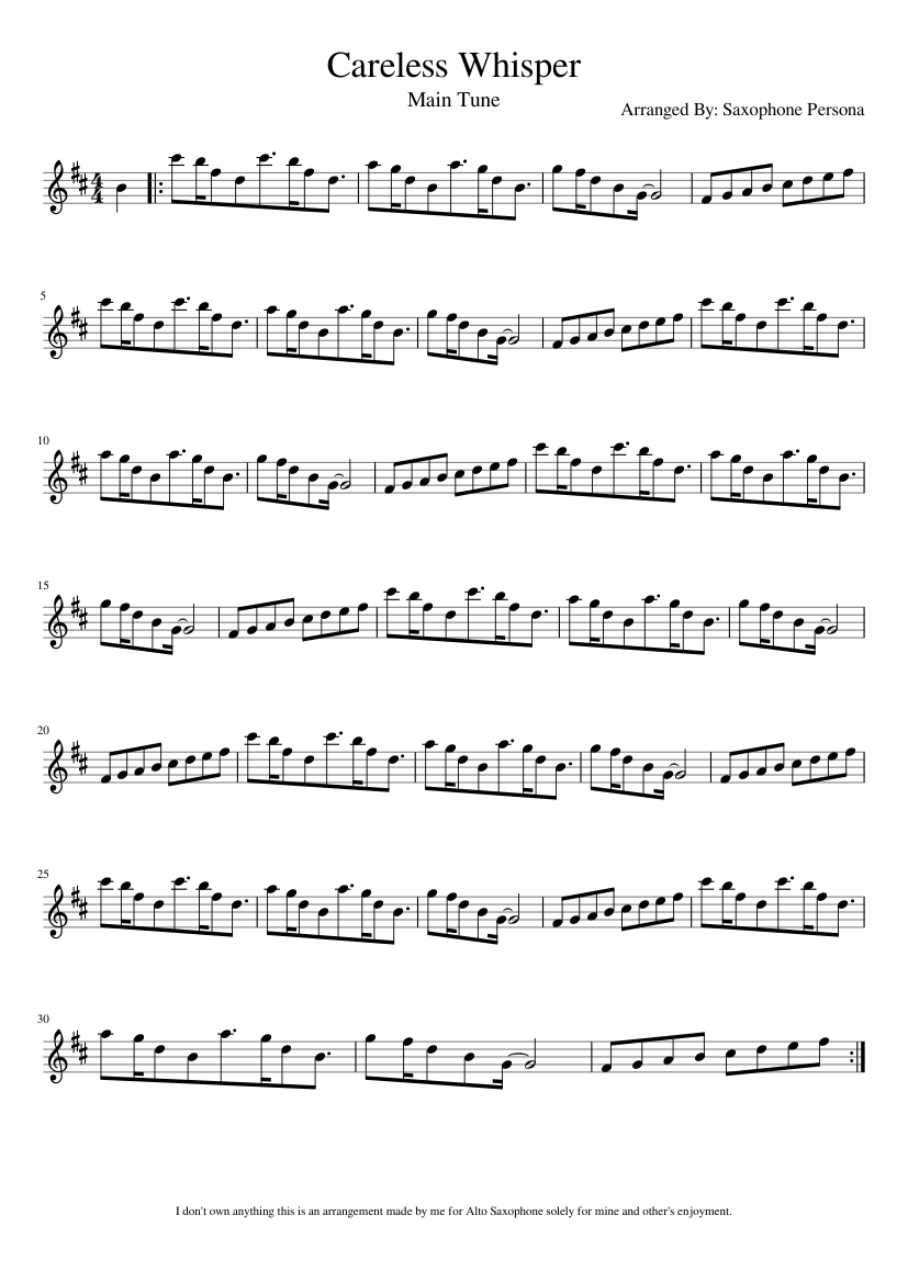 Careless Whisper Main Tune Endless Loop Alto Saxophone Sheet music for Piano  (Solo) | Musescore.com