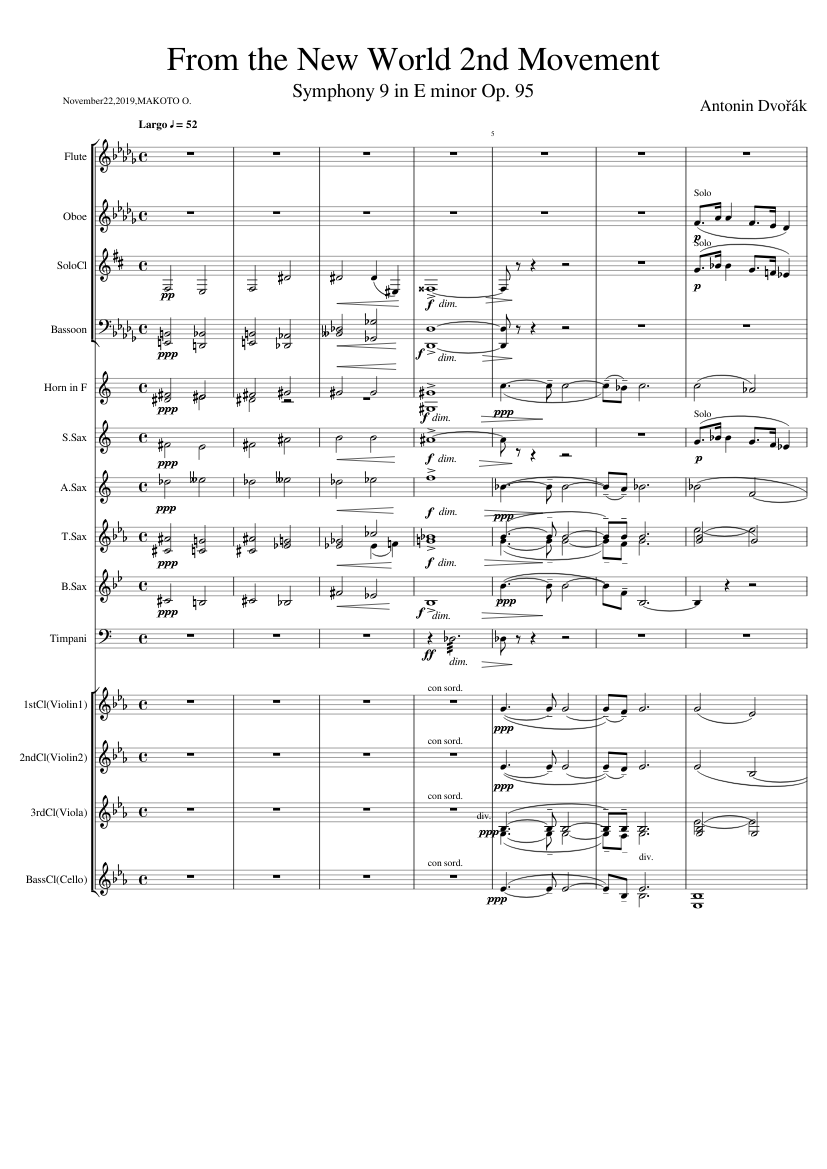 From the New World 2nd Movement by Dvorak for Woodwind Ensemble (Largo - Symphony 9 in E minor Op. 95)