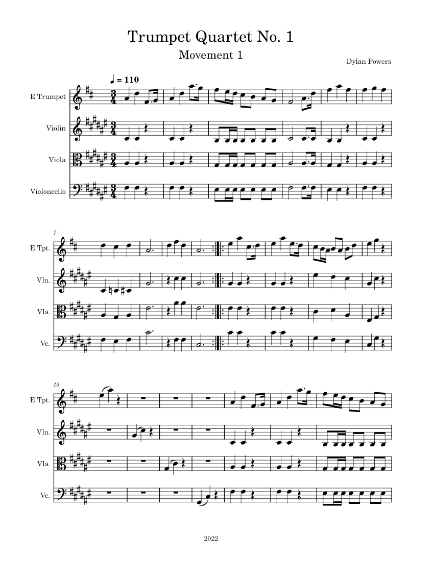 Trumpet Quartet No. 1 Minuet 3rd Movement Sheet music for Violin, Viola