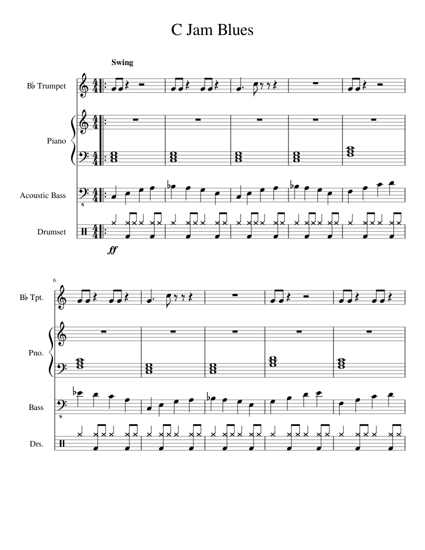 C Jam Blues Sheet Music for Piano, Trumpet in b-flat, Bass guitar, Drum group (Mixed Quartet ...