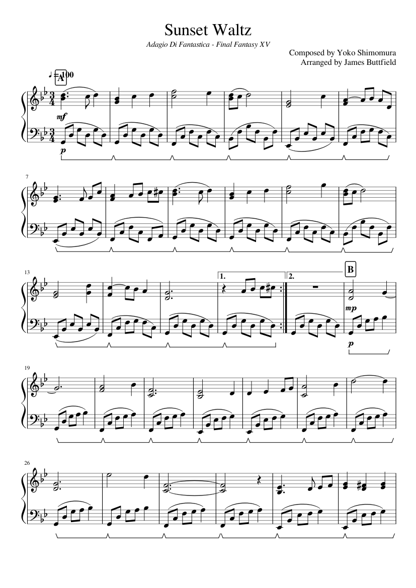 Sunset Waltz - Final Fantasy XV Sheet Music for Piano (Solo) easy