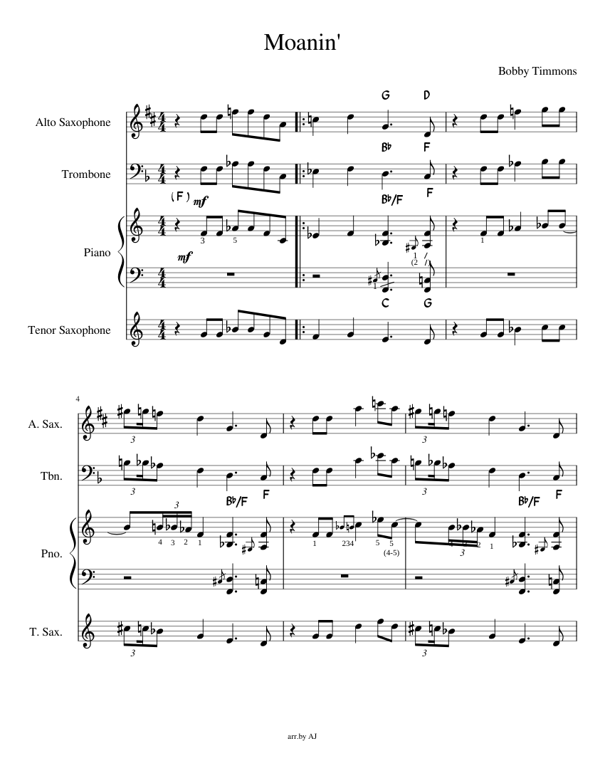 Moanin' Bobby Timmons Sheet music for Piano, Trombone, Saxophone alto
