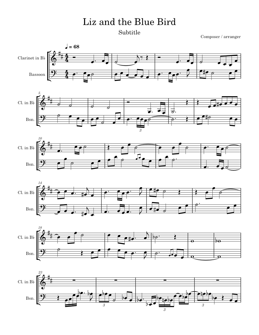 Liz and the Blue Bird barinet Sheet music for Bassoon, Clarinet other ...