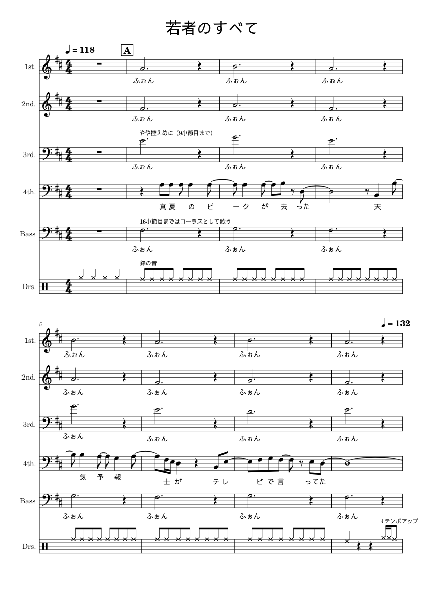 若者のすべて Sheet music for Piano, Drum group (Mixed Ensemble)