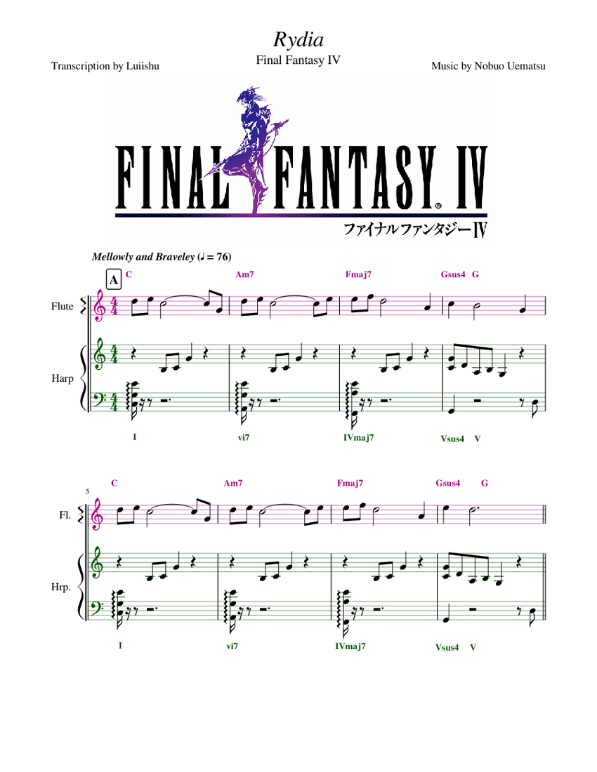 Notes For Rythia Rydia - Final Fantasy IV (Transcription Plus) Sheet music for Flute ...
