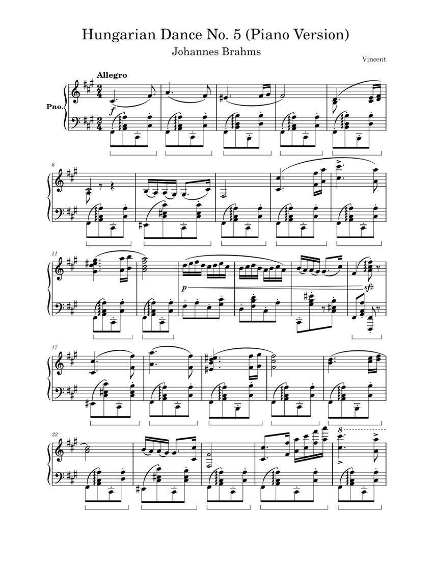 Brahms Hungarian Dance No. 5 (Piano Version) Sheet music for