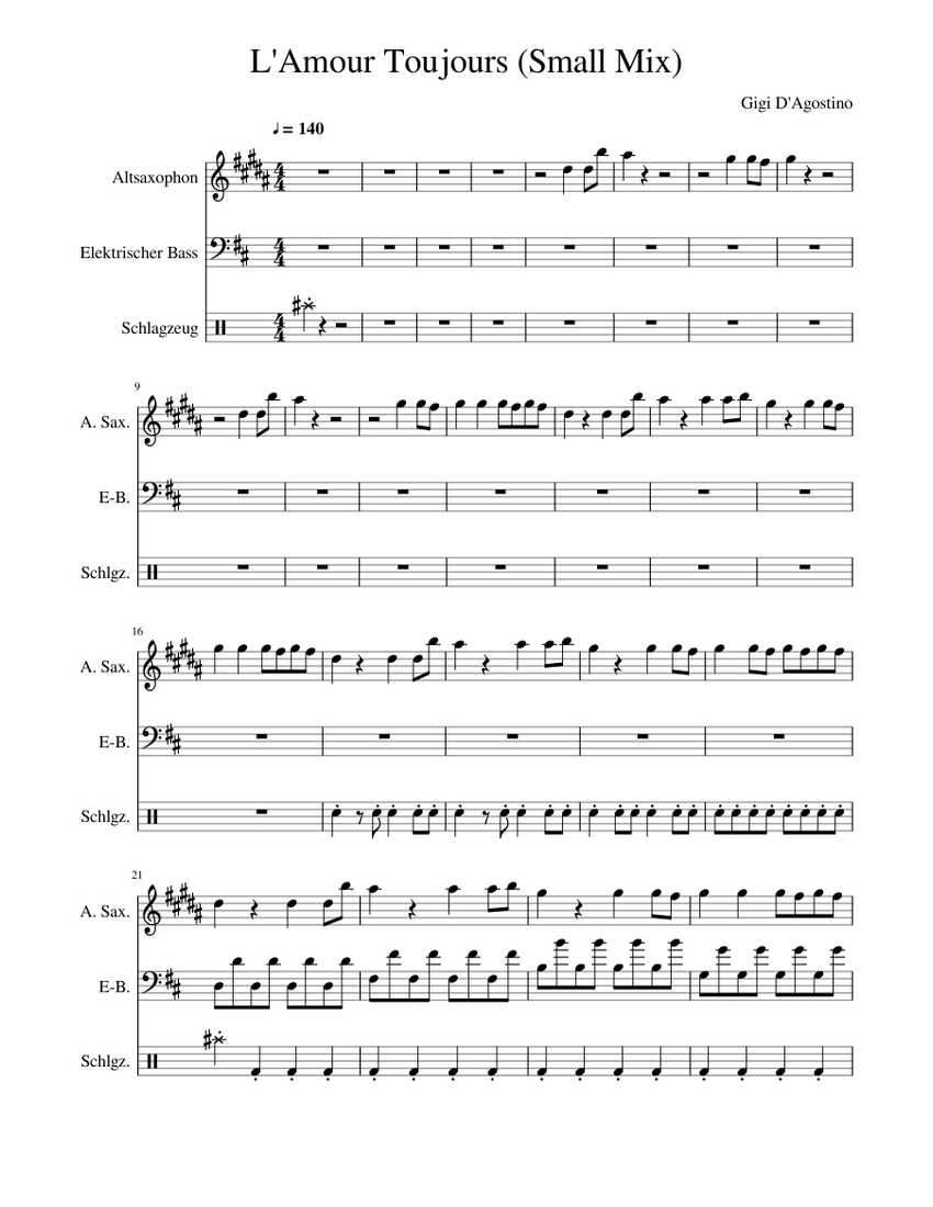 L'Amour Toujours (Small Mix) Sheet music for Saxophone alto, Bass guitar,  Drum group (Mixed Duet) | Musescore.com