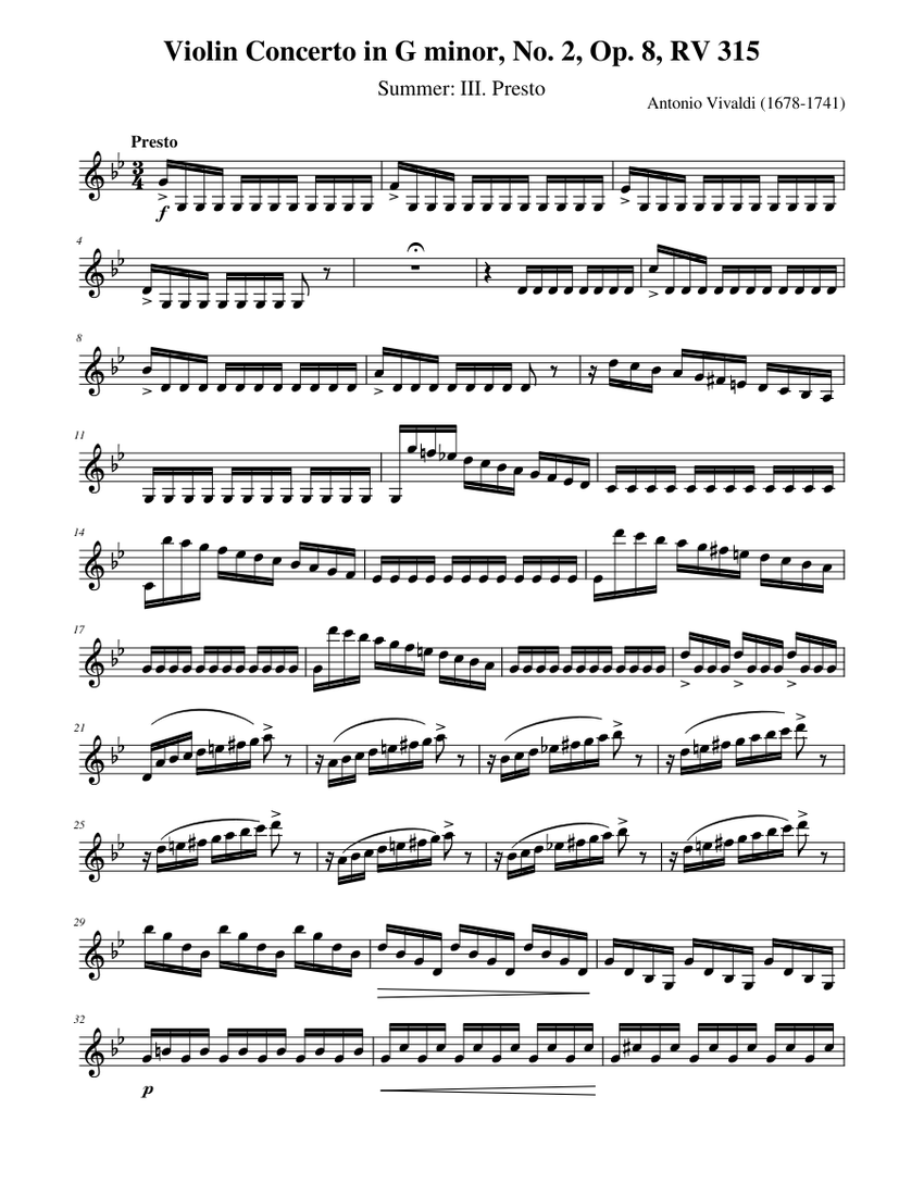 Antonio Vivaldi - Violin Concerto in G minor, No. 2, Op. 8, 315, Summer: III. Presto Sheet music for Violin (Solo) | Musescore.com