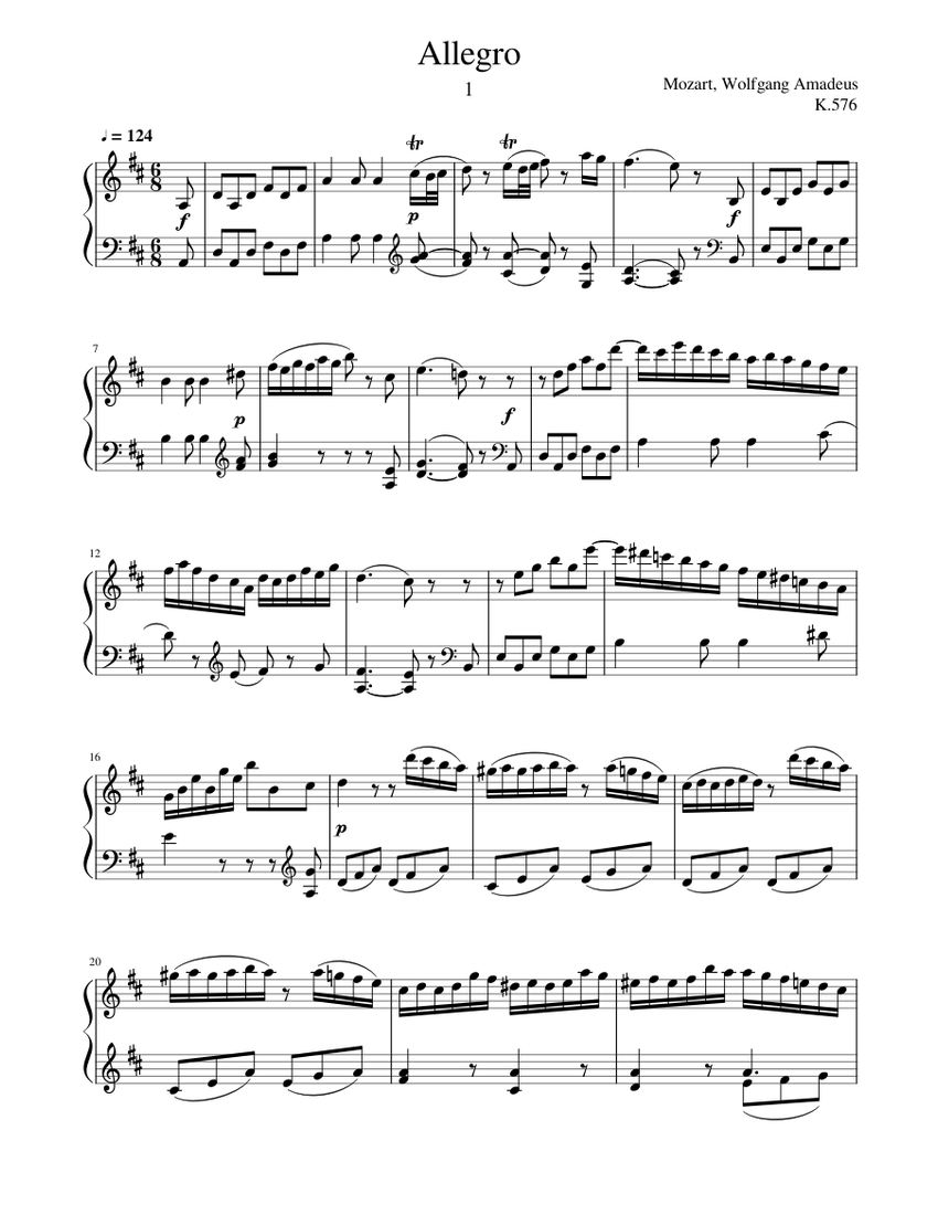 Mozart - Piano Sonata No.18 in D major, K.576 Sheet music for Piano (Solo)  | Musescore.com