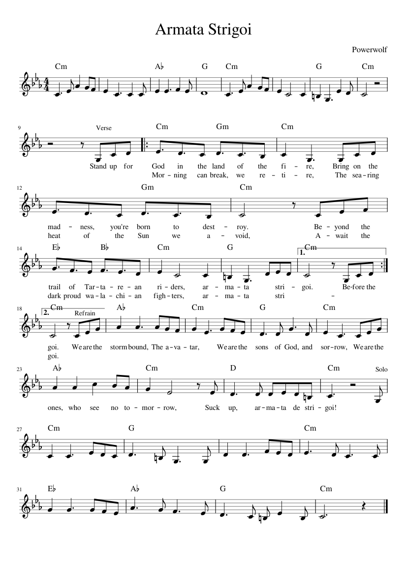 Armata Strigoi Sheet Music with Chords for Piano (Solo) easy