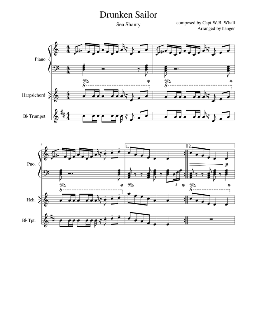 Drunken Sailor Sheet music for Piano, Harpsichord, Trumpet in b-flat (Mixed Trio) | Musescore.com