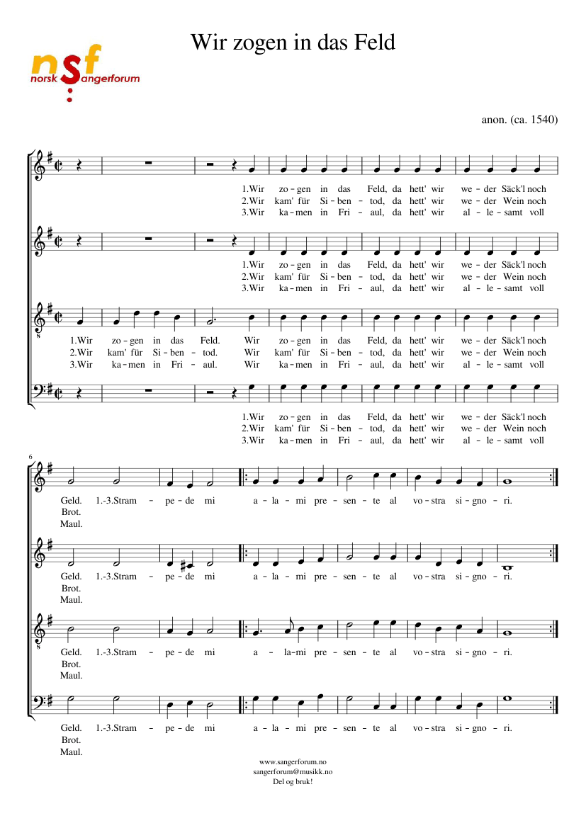 Wir zogen in das Feld Sheet music for Soprano, Alto, Tenor, Bass voice