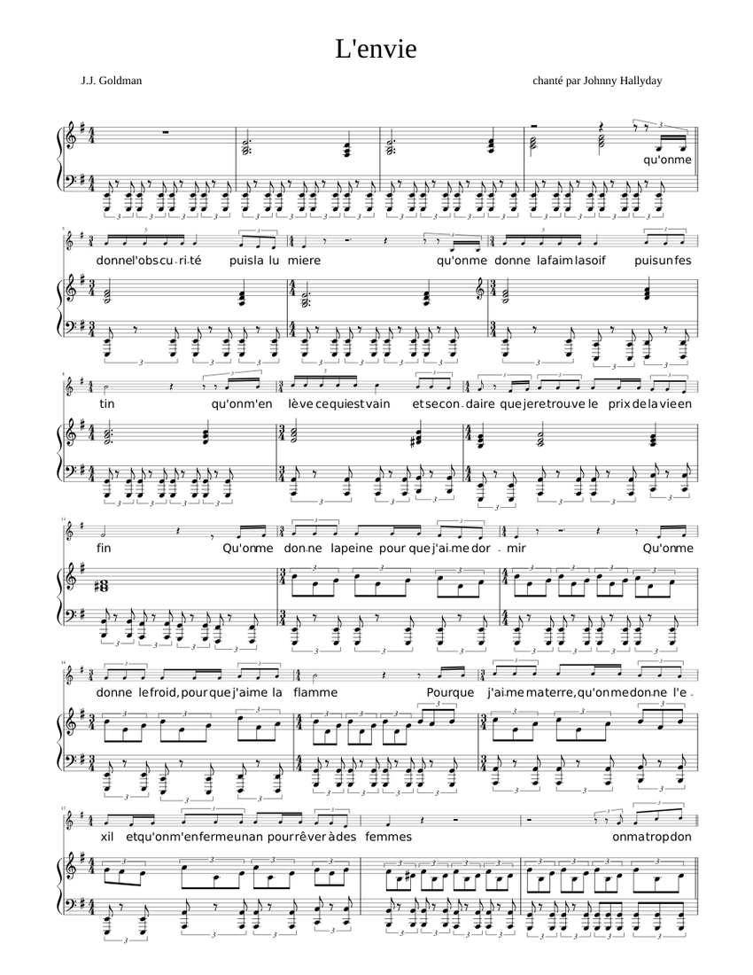 L'Envie Johnny Hallyday Sheet music for Piano, Vocals (Piano-Voice) |  Musescore.com