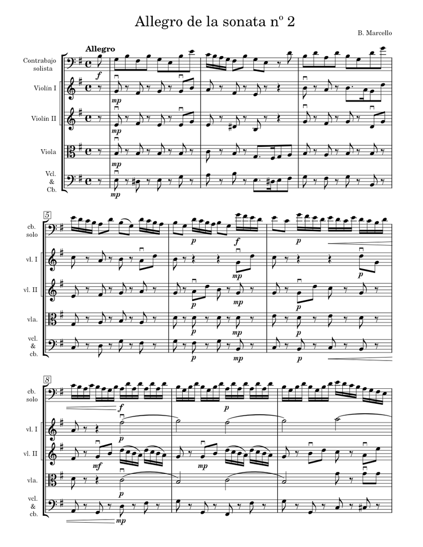Cello sonata No 2 – Benedetto Marcello Allegro (arr. cb. solo y orq. de  cuerda) Sheet music for Contrabass