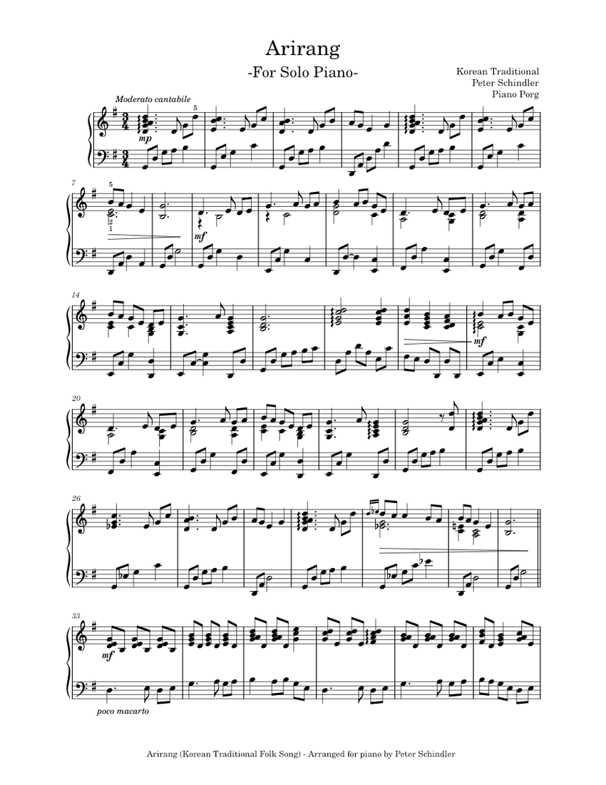 Arirang – Korean Traditional (arranged Schindler for piano) Sheet music for  Piano (Solo) | Musescore.com