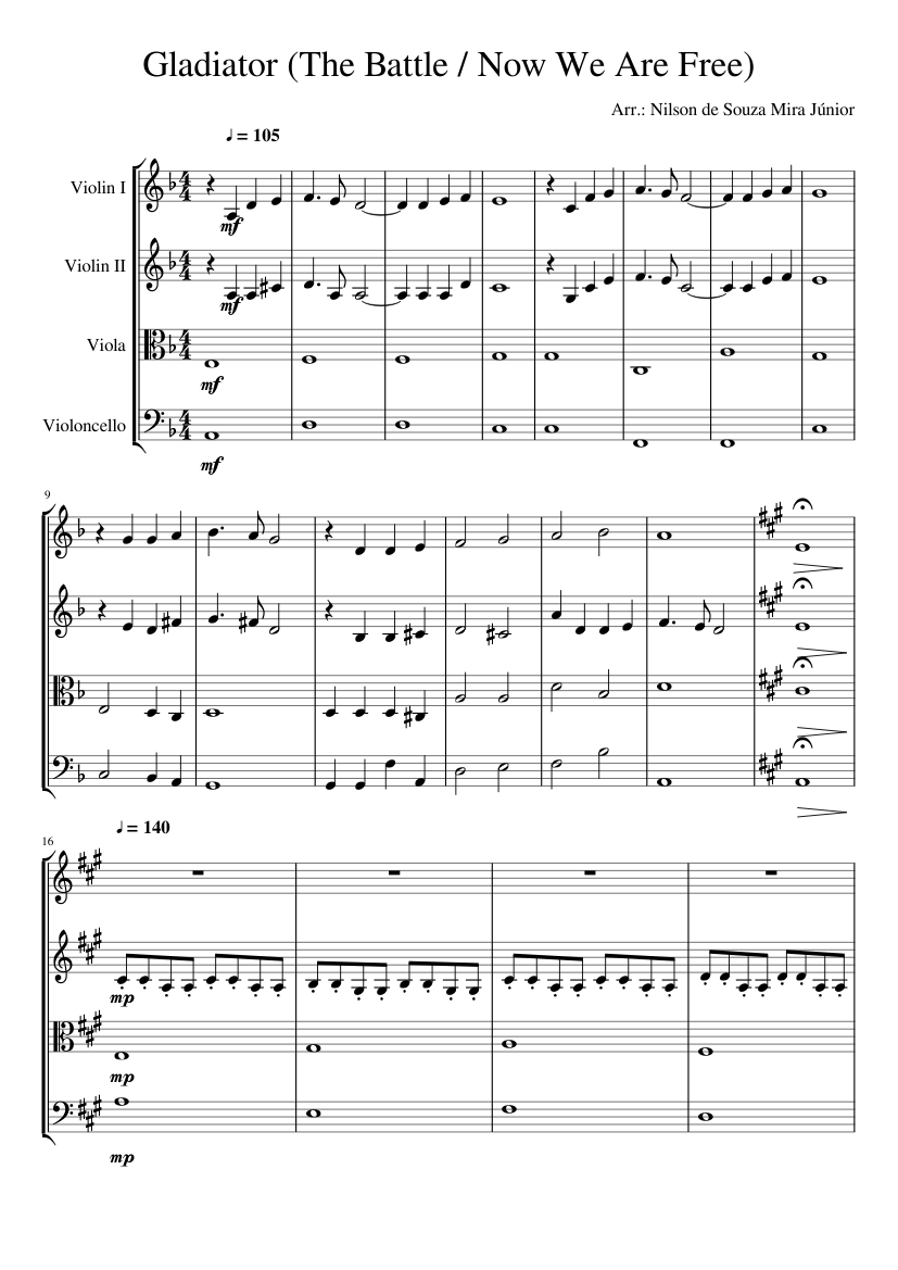 Gladiator (The Battle - Now We Are Free) Sheet music for Violin, Viola,  Cello (String Quartet) | Musescore.com