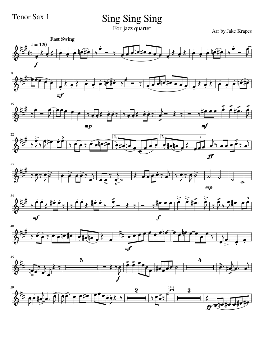 Sing Sing Sing Quintet Tenor Sax Sheet music for Saxophone tenor (Solo) |  Musescore.com