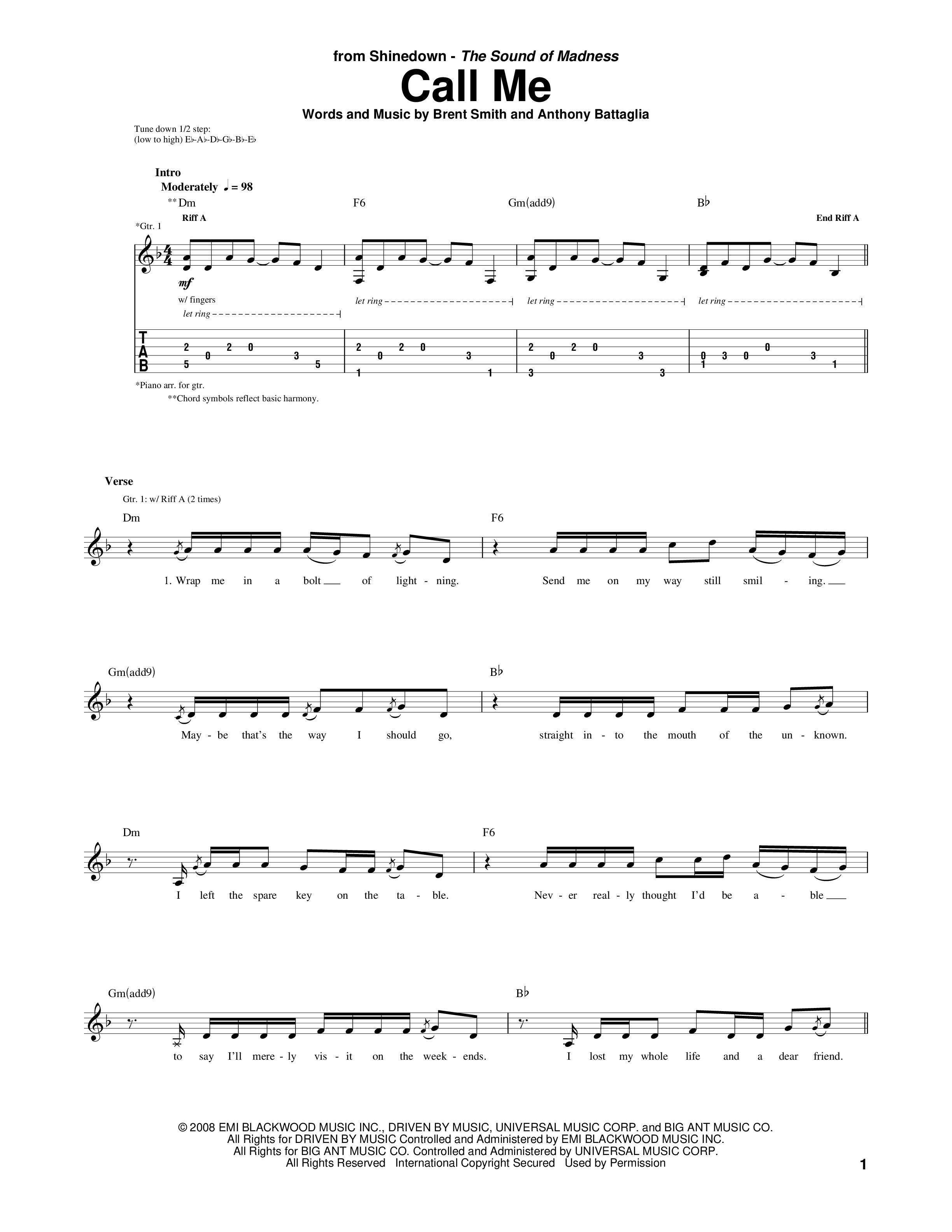 Play Official version of Call me Sheet Music by Shinedown for Guitar ...