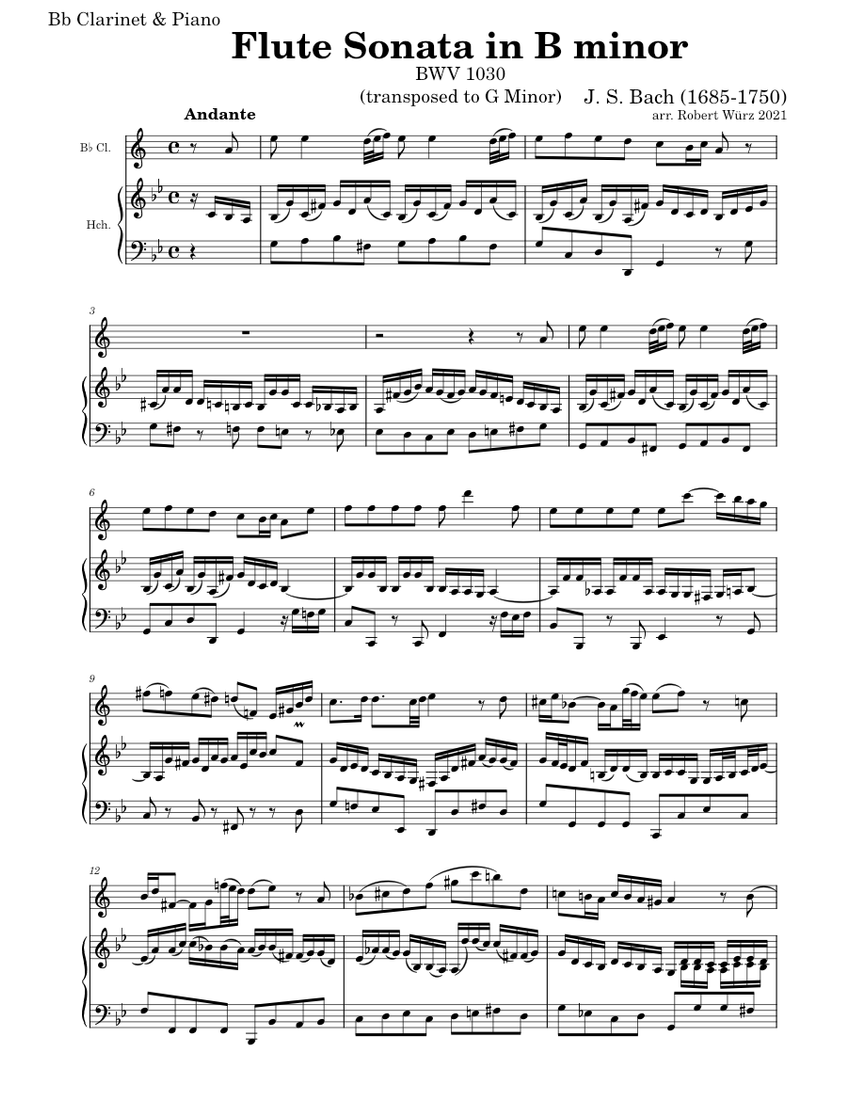 Flute Sonata in B minor, BWV 1030 – Johann Sebastian Bach (arr. for Bb ...