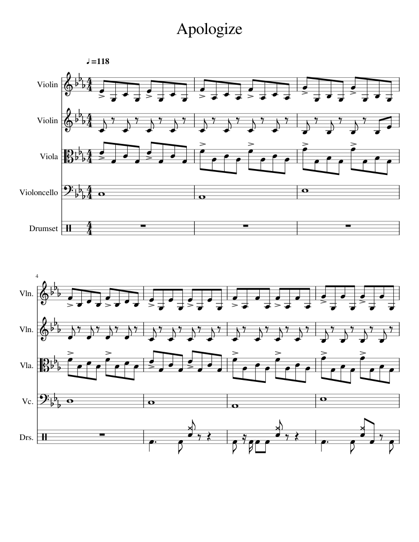 Apologize - One Republic Sheet music for Violin, Viola, Cello, Drum group  (Mixed Quintet) | Musescore.com