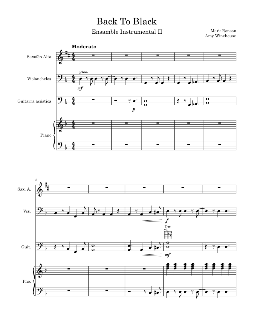 Back to black – Amy Winehouse Sheet music for Piano, Saxophone alto, Guitar,  Strings group (Mixed Ensemble) | Musescore.com