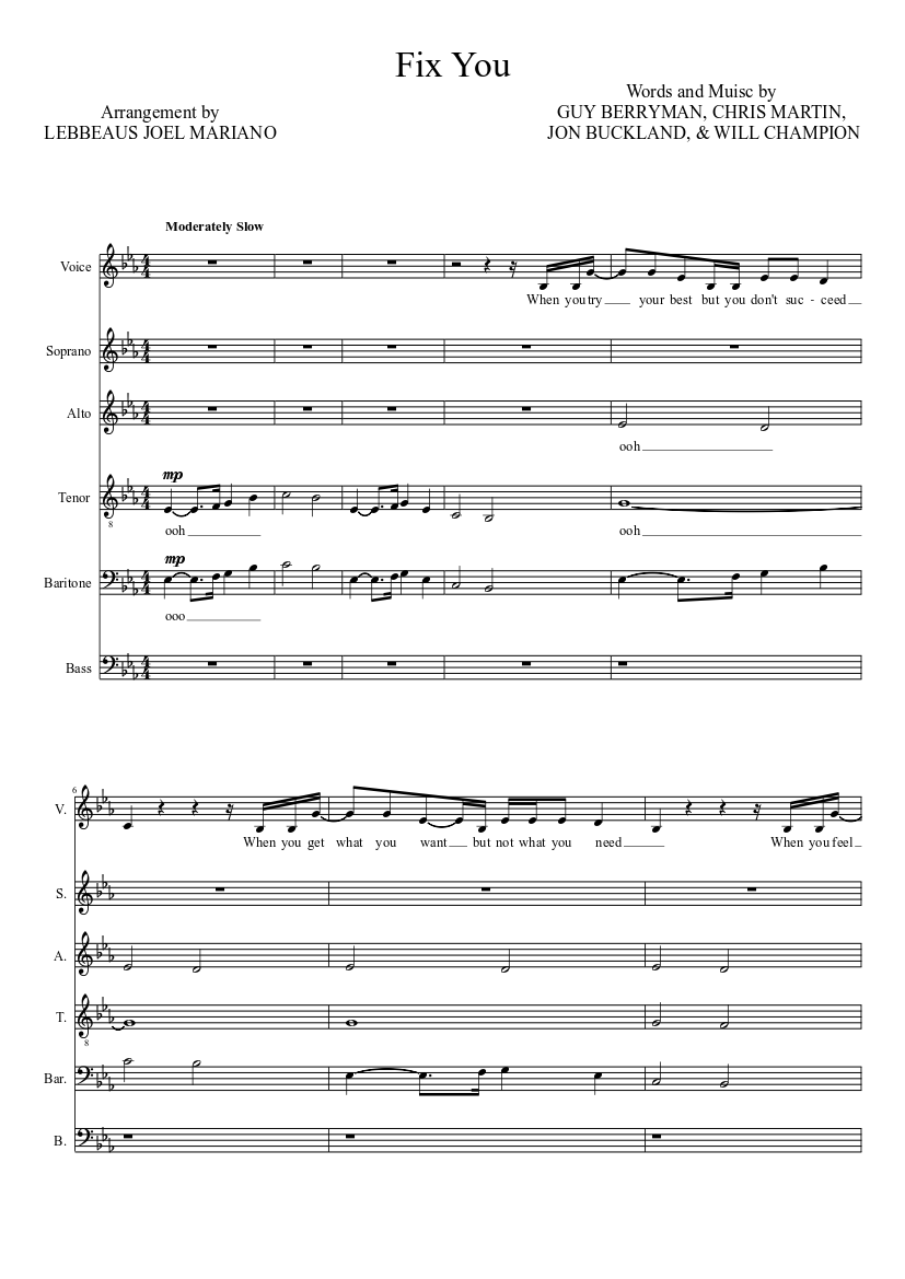 Fix You" by Coldplay Sheet music for Bass guitar, Voice (other) (Mixed  Duet) | Musescore.com