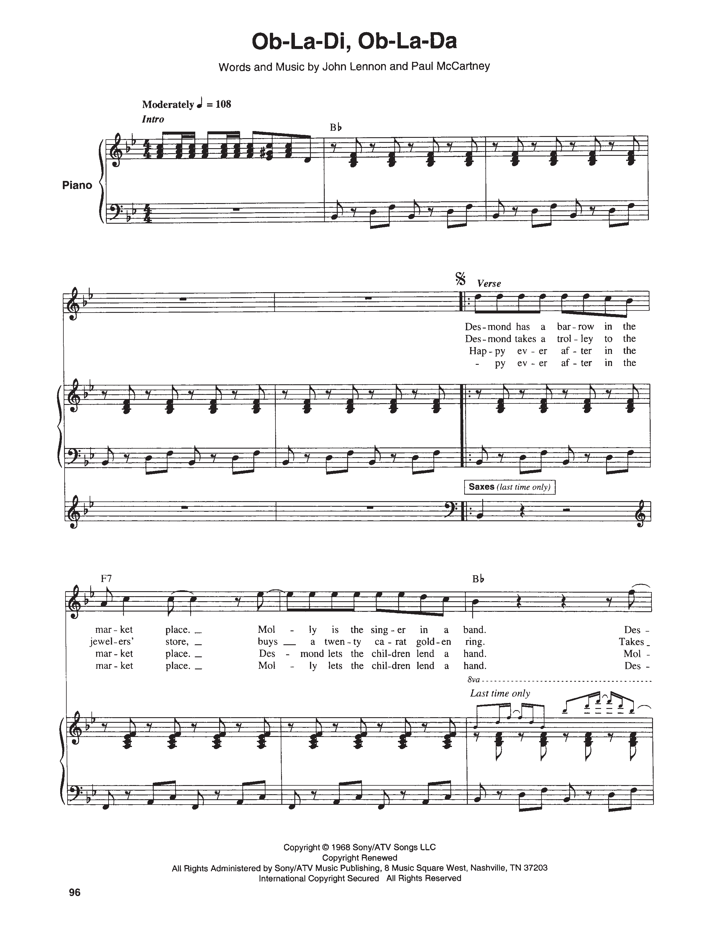 Ob-la-di, Ob-la-da の公式楽譜を演奏する by The Beatles ピアノ