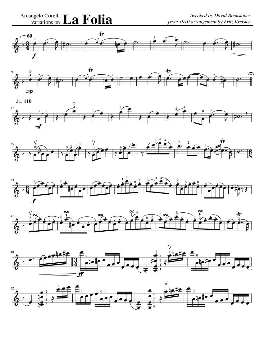 La Folia Violin Variations by Fritz Kreisler Sheet music for Violin (Solo)  | Download and print in PDF or MIDI free sheet music for Violin Sonata in D  minor, Op.5 No.12 'La