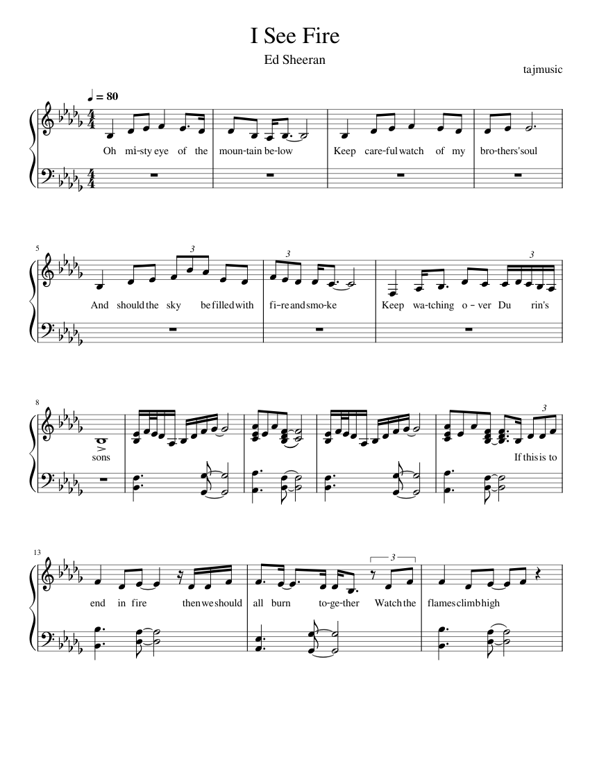 I See Fire Ed Sheeran Sheet Music For Piano Solo Musescore Com