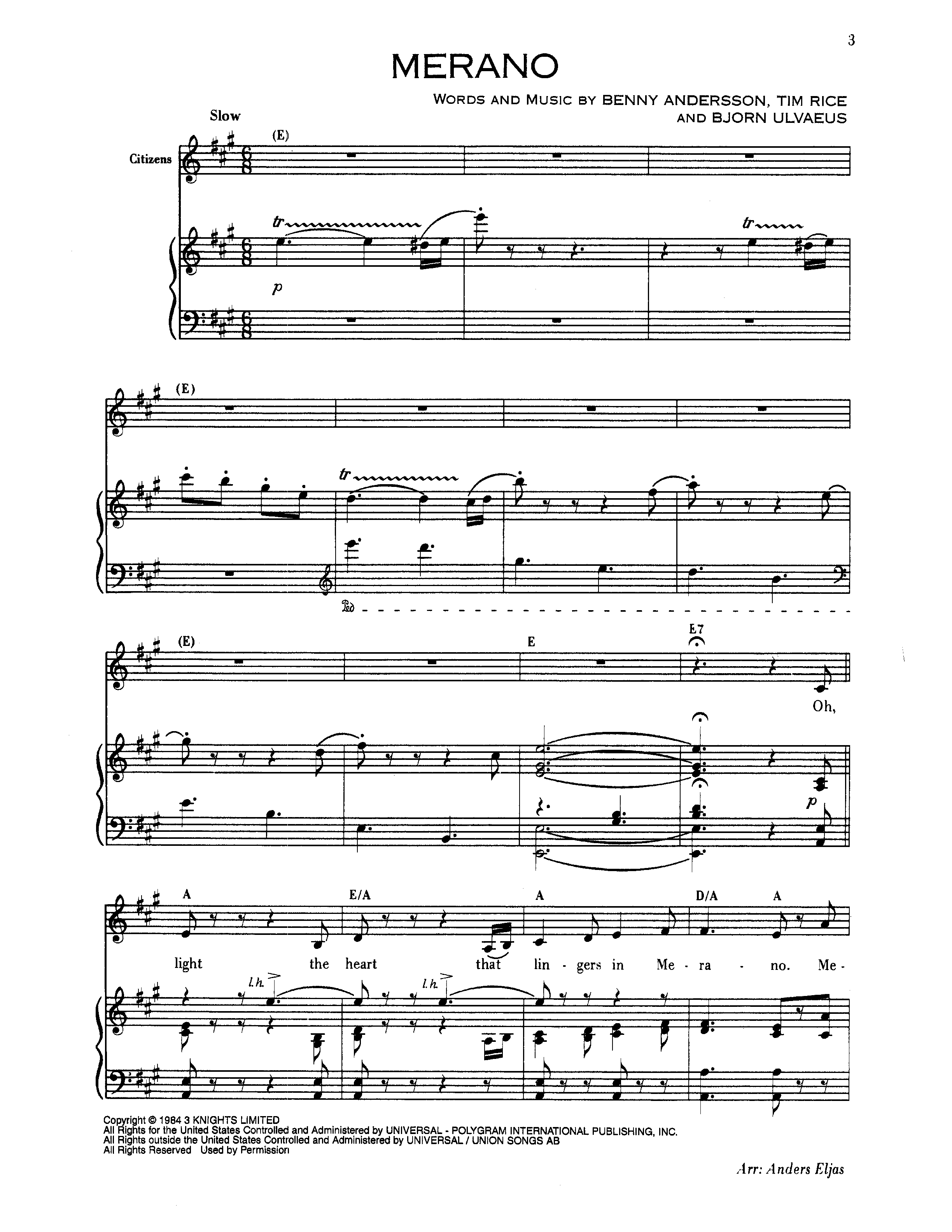 Merano の公式楽譜を演奏する by Benny Andersson, Tim Rice, and