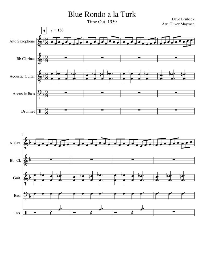 Blue Rondo a la Turk Sheet music for Saxophone alto, Guitar, Bass guitar,  Drum group & more instruments (Mixed Quintet) | Musescore.com