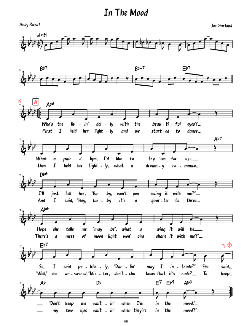 In the Mood (Lead sheet with lyrics ) Sheet music for Piano (Solo) Easy ...