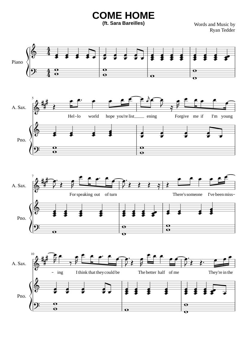 Come Home (ft. Sara Bareilles) - OneRepublic Sheet music for Piano ...