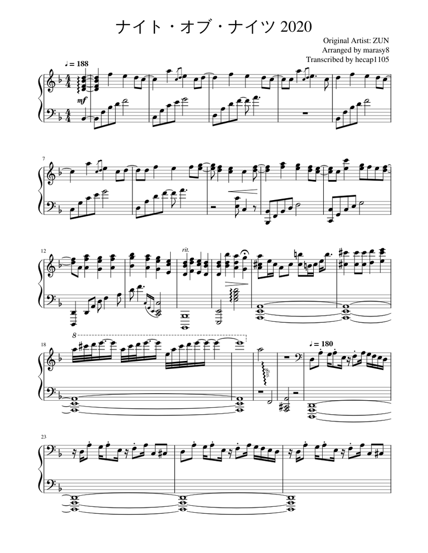 ナイト オブ ナイツ 2020 Marasy Arr Sheet Music For Piano Solo Download And Print In Pdf Or Midi Free Sheet Music For ナイト オブ ナイツ By Zun Soundtrack Musescore Com