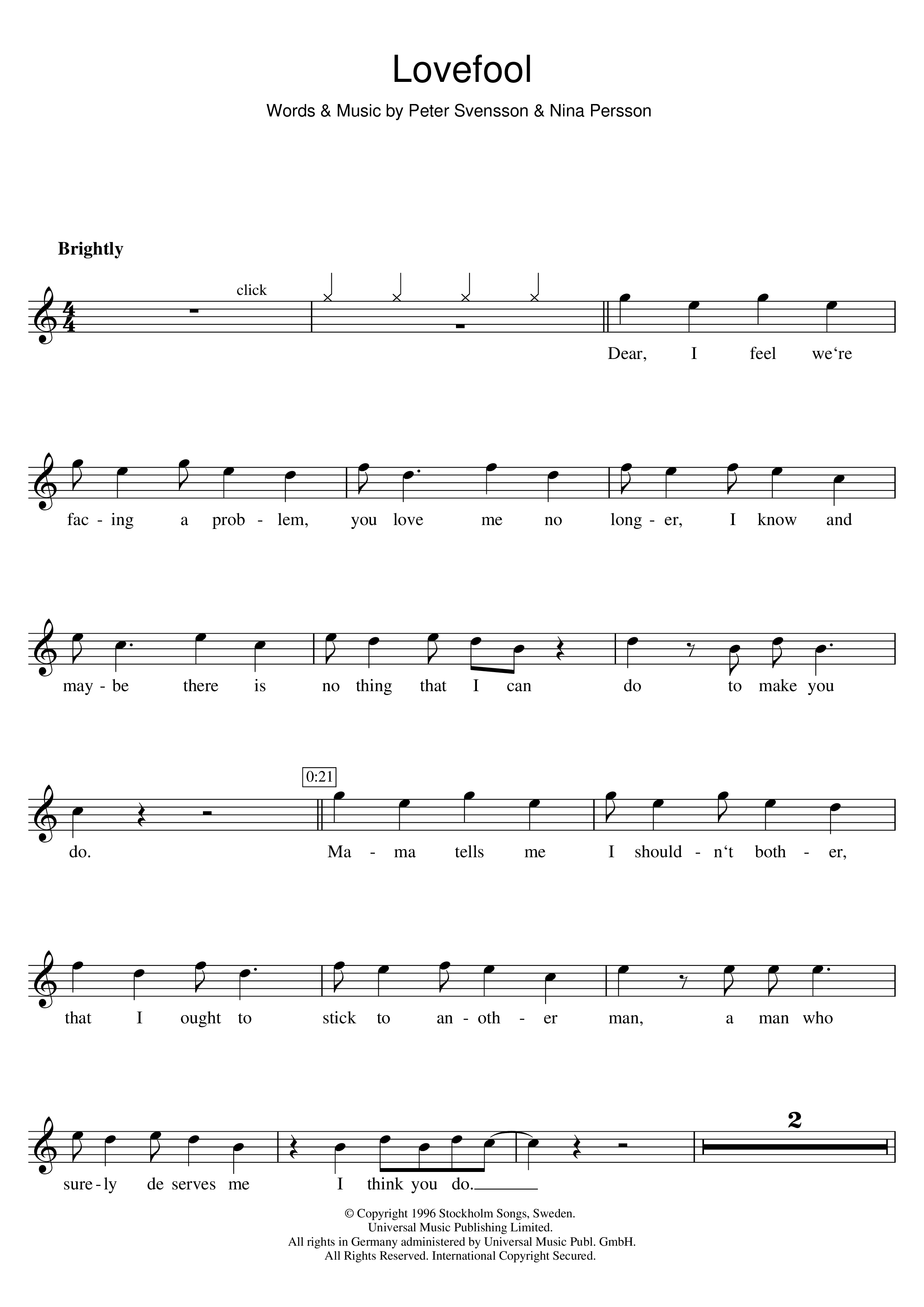 Play Official version of Lovefool Sheet Music by The Cardigans for ...